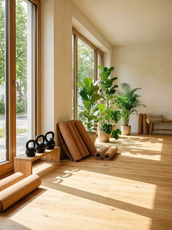 Yogastudio mit Matten, Kettlebells und Pflanzen