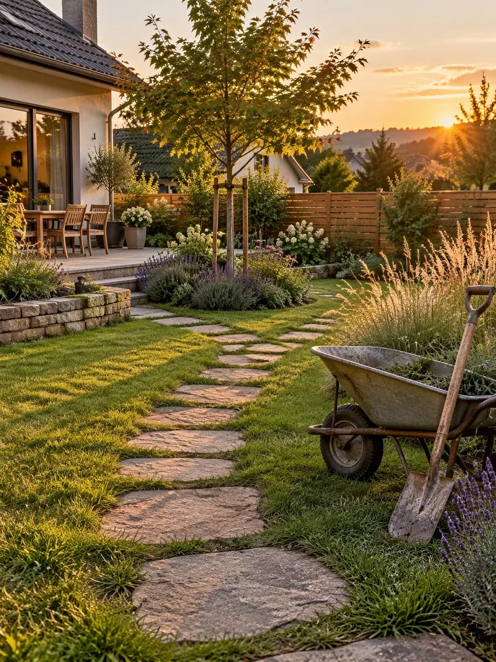 Frisch angelegter Garten mit Natursteinweg und Lavendel