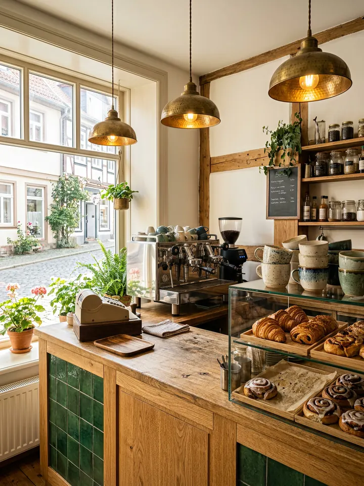 Café-Theke mit Espressomaschine und Gebäck